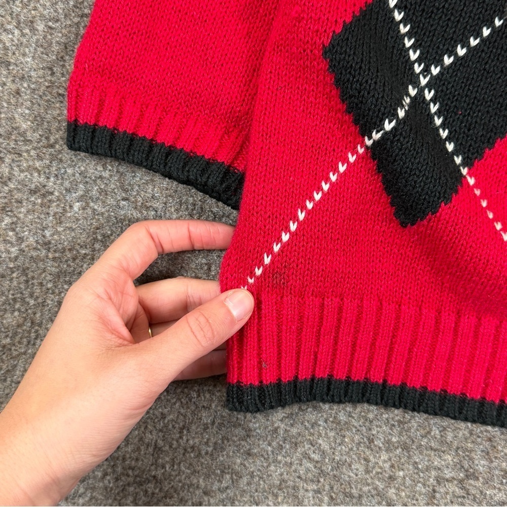Vintage 90s Red Argyle Diamond Deep V-Neck Cardigan Sweater Women S Teacher Core - Picture 5 of 14